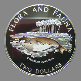 Caribbean monk seal on a Bahamas 2$ coin