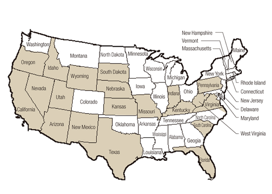 Map of US states shaded gray where Canis dirus remains have been found