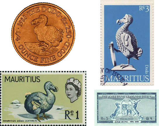 モーリシャスの硬貨や紙幣、切手にデザインされたドードー 
